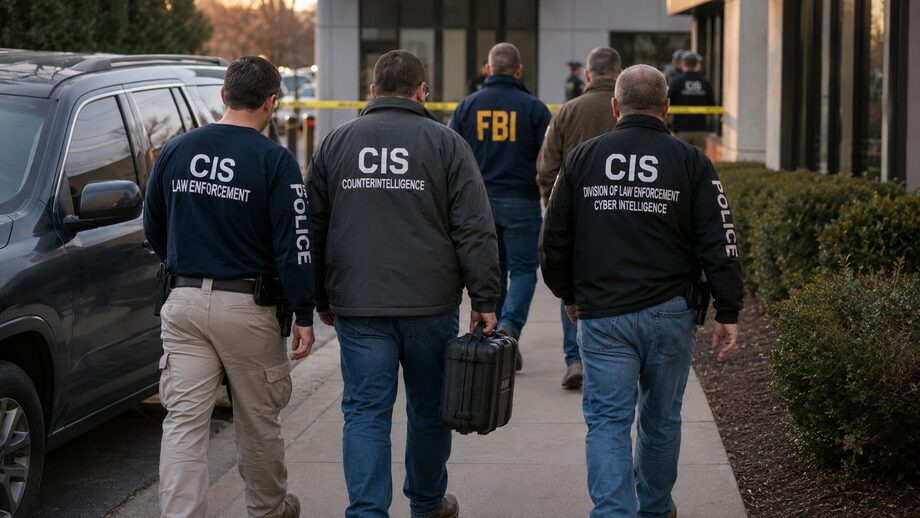 Three people seen from behind, in dark jackets lettered CIS Law Enforcement, CIS Counterintelligence, and CIS Division of Law Enforcement Cyber Intelligence, walking toward a building past yellow tape.